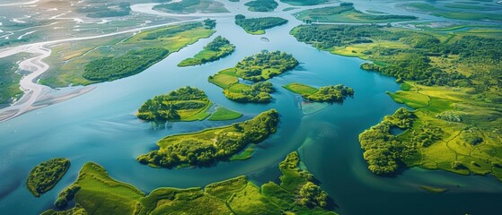 Majestic Aerial View of Lush River Delta with Intricate Waterways and Marshlands - High- Landscape Photography