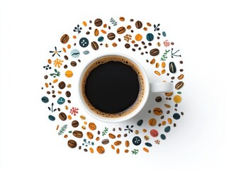 Obraz premium Coffee cup surrounded by allergen icons, representing coffee allergy, digital art, isolated on white background