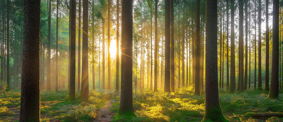 Silent Forest in spring with beautiful bright sun rays