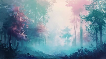Fototapeta premium foggy magical forest with soft pastel color illustration