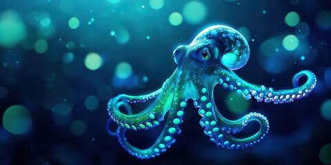A vibrant octopus swims gracefully in a mystical underwater scene filled with glowing bubbles and rich blue hues.