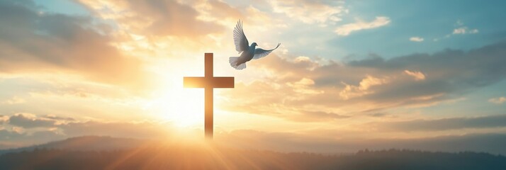 A cross silhouette with the sun setting in the background and a dove flying, symbolizing the peace of Jesus Christ on the Easter holiday Generative AI
