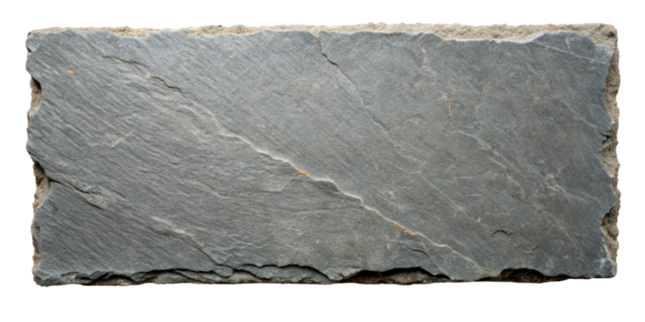 Rough gray stone tile slab texture with visible natural patterns and imperfections, showcasing the rugged surface and material. Isolated on transparent background, png.