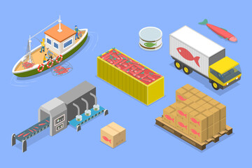 3D Isometric Flat Vector Set of Fish Production , Fishing Industry