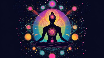 A vibrant illustration of a meditative figure in a yoga pose with colorful chakra energy radiating around, symbolizing spiritual growth, energy balance, and cosmic connection.