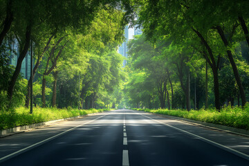 Obraz premium Empty road through lush green trees, peaceful urban street, nature in the city, scenic roadway, green environment, cityscape view, sustainable development, eco-friendly infrastructure