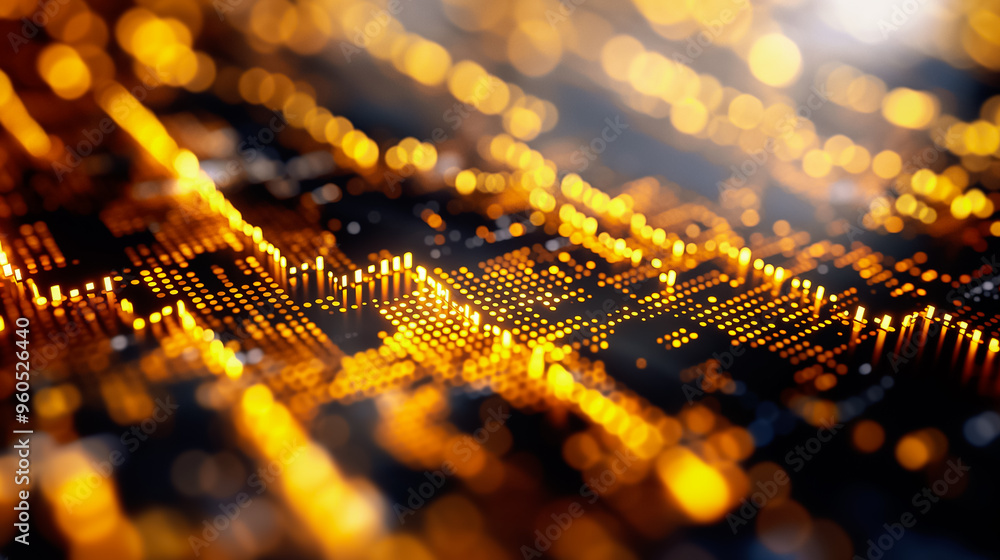 Poster the view captures a close-up of a luminous circuit board, showcasing golden connections and detailed