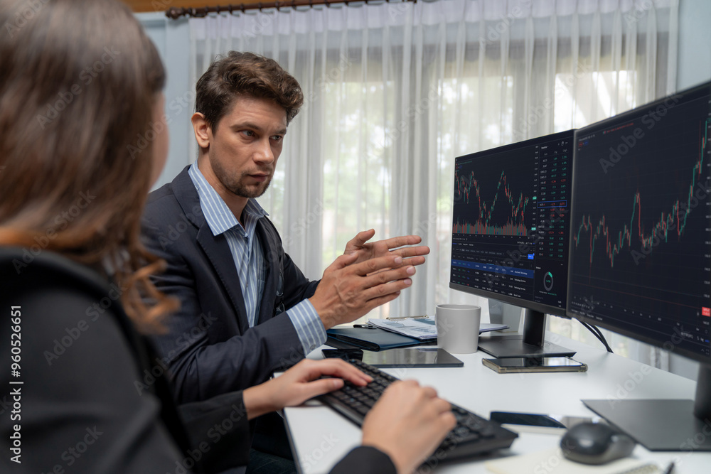 Poster two business traders analyzing dynamic stock market in currency rate investment program website onli