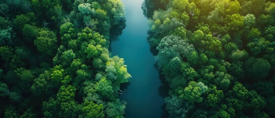 Obraz premium Enchanting Aerial View of Lush Spring Forest with Crystal Clear River in - Nature's Beauty Captured from Above