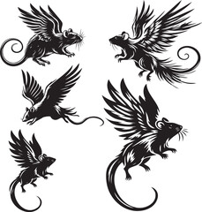 moue with wings silhouette vector outlines, Rates with wings, Flying rat, Flying Mouse
