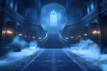 Grand staircase in a foggy, mysterious mansion with dramatic blue lighting