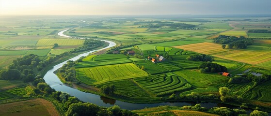 Serene Aerial View of Vast Farmland with Patchwork Fields, Farmhouses, and Winding River in High- - Rural Landscape Photography