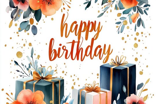 A vibrant 'Happy Birthday' card decorated with colorful flowers and neatly wrapped presents, capturing the essence of celebration and joy, perfect for birthday wishes.