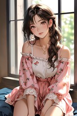 Fototapeta premium Sunlit Serenity: Reflecting in Soft Pastels - anime girl sitting in window