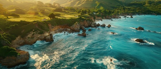 Majestic Coastal Cliffs: Aerial View of Dramatic Seaside with Crashing Waves and Vibrant Greenery in