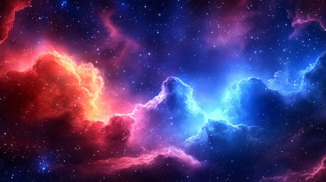 This image features a stunning display of colorful nebula clouds in outer space, with vibrant hues of red and blue and shimmering stars scattered throughout the view.