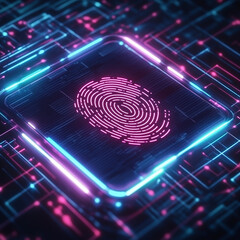 Holographic fingerprint scanner on a futuristic interface, representing business technology powerful neon light