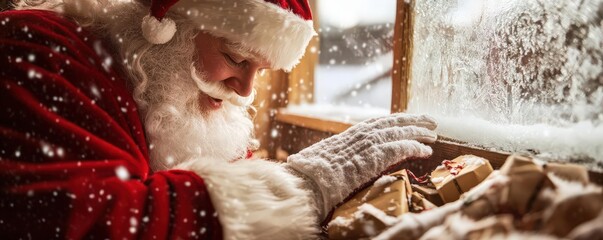 A closeup of Santa Claus in his workshop, with snow falling outside, as he prepares gifts by a frosted window, symbolizing the anticipation and joy of the holiday season