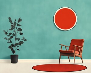 Modern living space featuring a stylish armchair, decorative plant, and vibrant turquoise wall with a red accent circle.