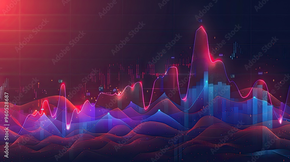 Poster abstract digital landscape with glowing lines and data