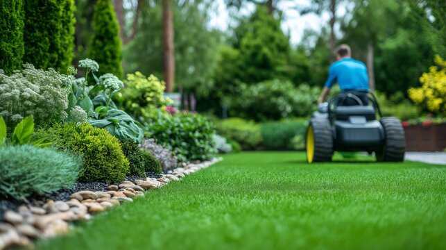 Man mowing a lush green lawn in a beautifully landscaped garden showcasing well-trimmed grass, vibrant plants, and neat stone edging.