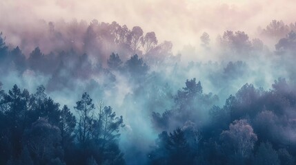 pine trees forest with foggy landscape illustration