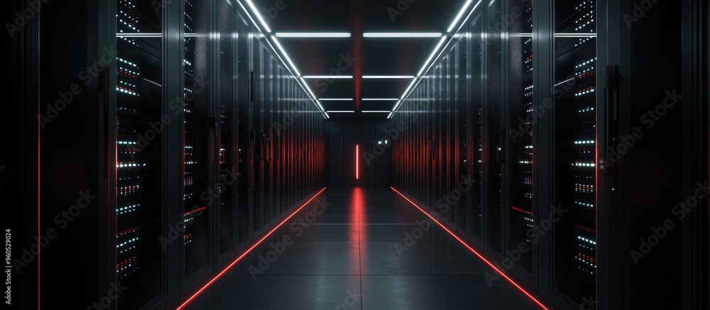 Poster server racks in dark facility utilizing modern technology concept of iot big data security storage s