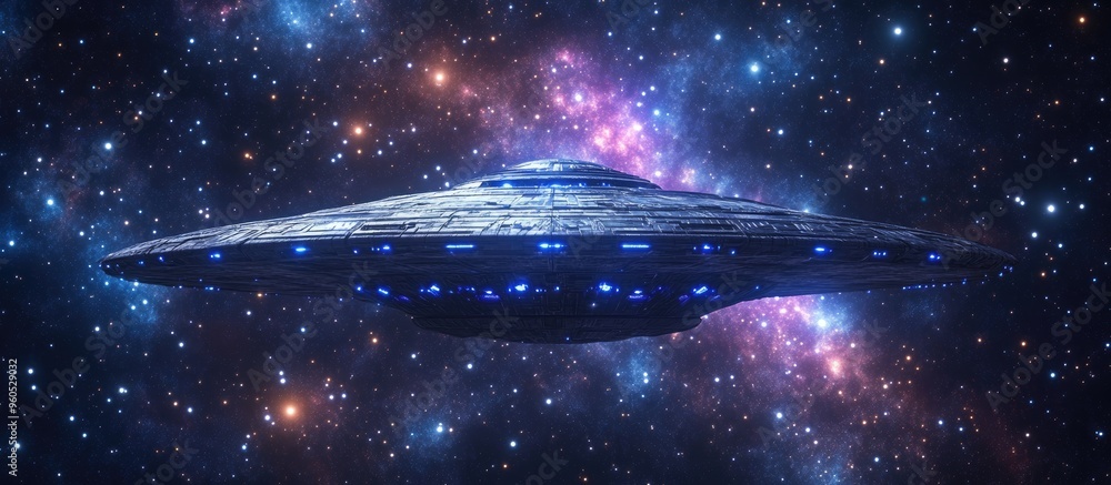 Poster alien spacecraft exploring deep space with a starry backdrop featuring a rear view of the ufo render