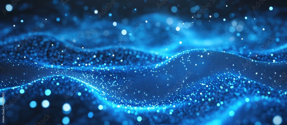 Poster abstract geometric background featuring interconnected dots and lights in a blue plexus creating a f