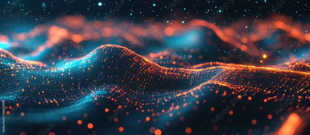 Poster futuristic cybernetic background featuring big data visualization abstract 3d landscape with a grid 