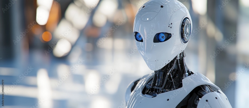 Poster white robot in a blurred setting designing a 3d structure representing future technology