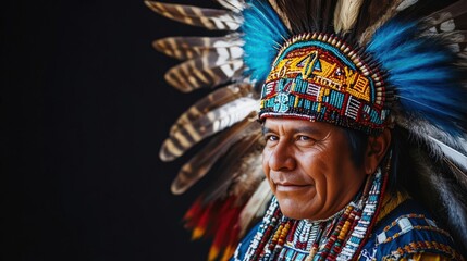 Obraz premium A proud Indigenous chief in full ceremonial regalia, with a majestic headdress of feathers and beads, symbolizing leadership, wisdom, and the rich cultural history of their people