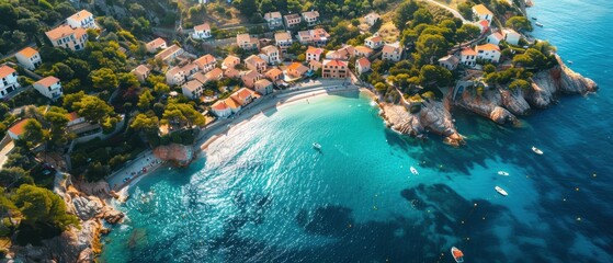 Obraz premium Serene Coastal Paradise: Aerial View of Colorful Village on Sandy Beaches with Crystal Blue Waters in