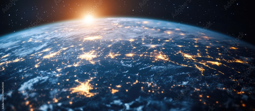 Poster nighttime view of earth from space highlighting city lights that illustrate urban activity 3d render