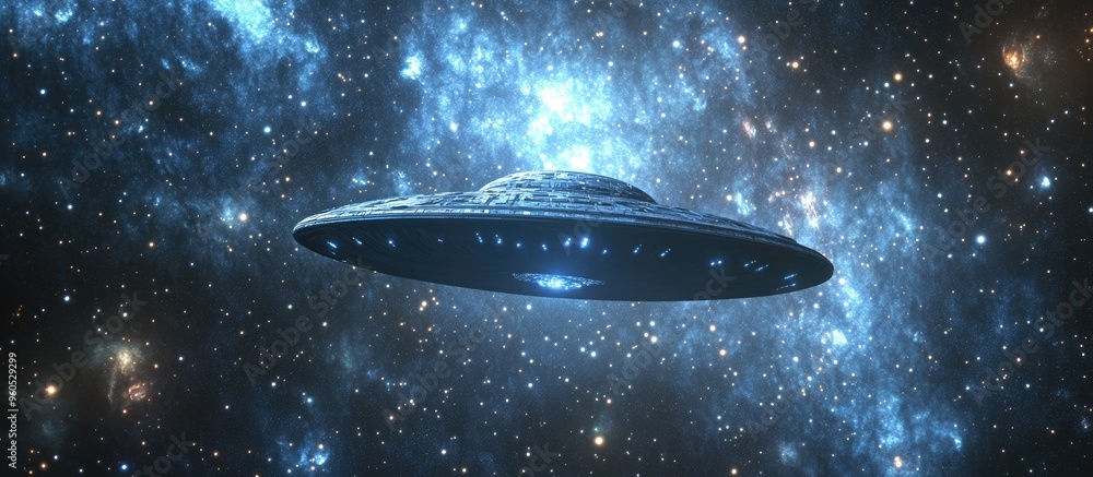 Poster alien spacecraft traveling through deep space surrounded by stars featuring a rear view design 3d re