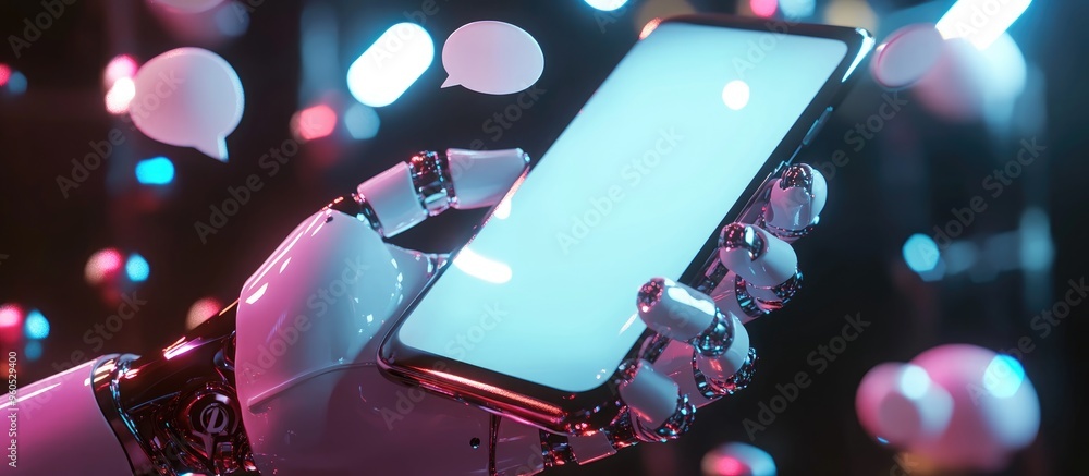 Aufkleber cyborg hand grasping message bubbles around a smartphone in a 3d rendering