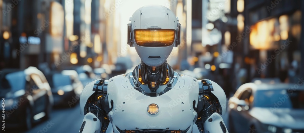 Poster humanoid robot navigating an urban environment showcasing advanced automation technology in a futuri