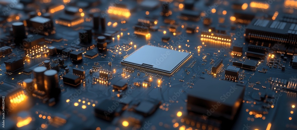 Poster close up of an electronic mainboard background featuring components like circuits a cpu and system e