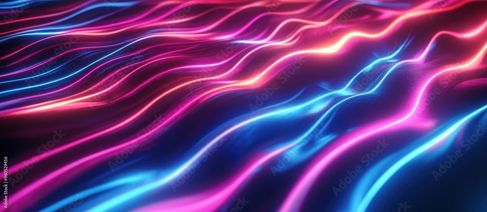 Poster 3D rendering of glowing lines and neon lights creating an abstract psychedelic background with vibrant colors High quality image