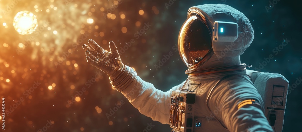 Poster a futuristic astronaut gestures towards a distant object in this 3d illustration