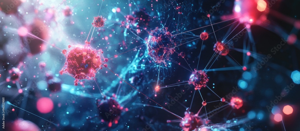 Poster futuristic illustration of a cyber network system featuring ai technology robotic structures chemica