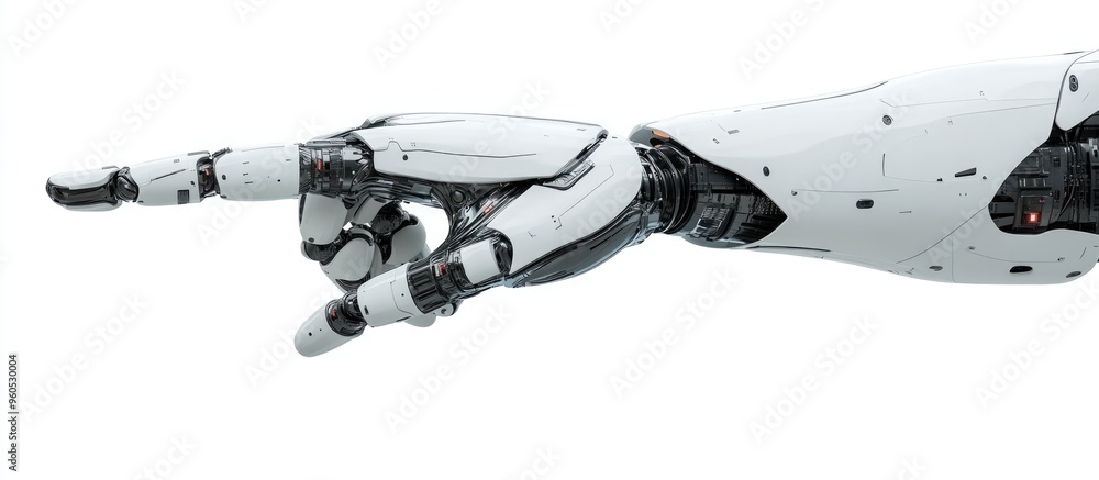 Poster robotic arm pointing while set against a white background