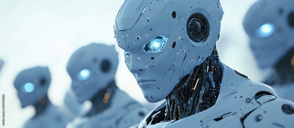 Poster illustrations of robots and cyborgs in the background