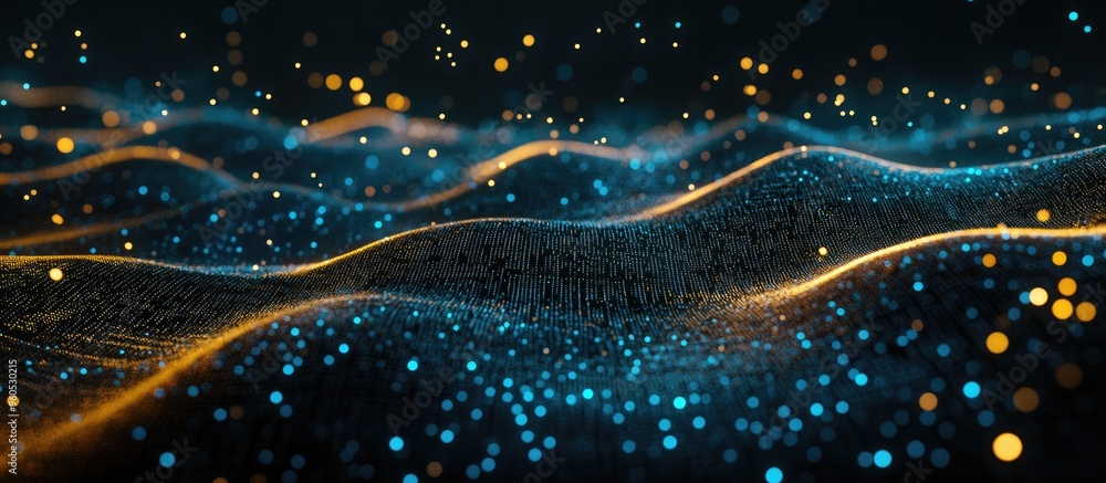 Poster futuristic abstract illustration of data technology featuring dots and lines on a dark background re