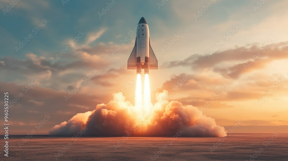 Poster spaceship launching against a plain backdrop digital rendering