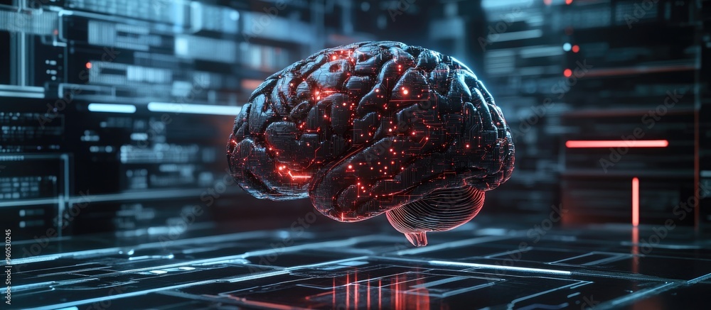 Poster 3d visualization of a human brain set against a technology backdrop illustrating concepts of artific
