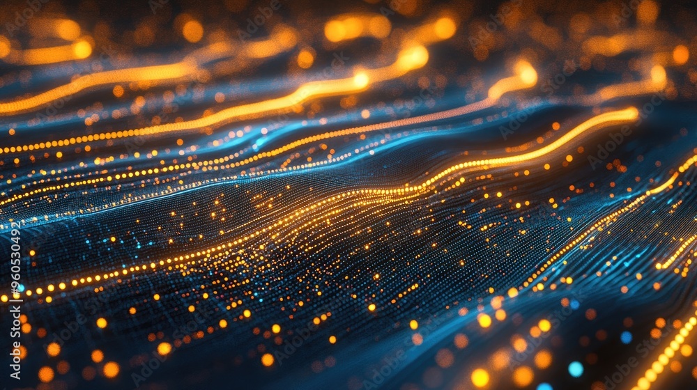 Poster abstract lines and dots form a connected background representing technological connections and the c