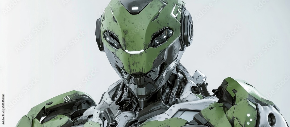 Poster futuristic mech soldier in green and gray metallic armor on a white background pilot controlled mili