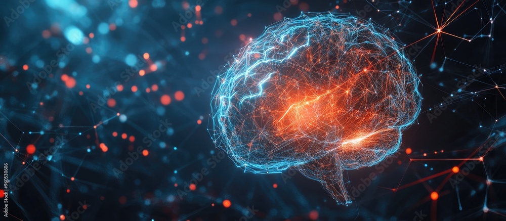 Poster abstract illustration of artificial intelligence with a technological web background representing vi