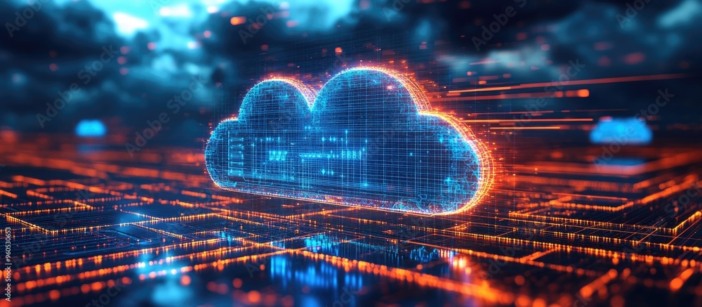 Poster cloud computing digital information storage technology cybersecurity data center computer 3d illustr